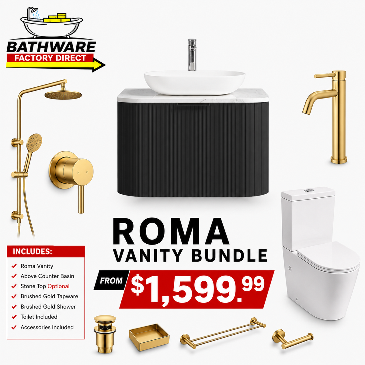 Bathware Roma Curved Fluted Matte Black Vanity Bundle – Bathware Factory Direct